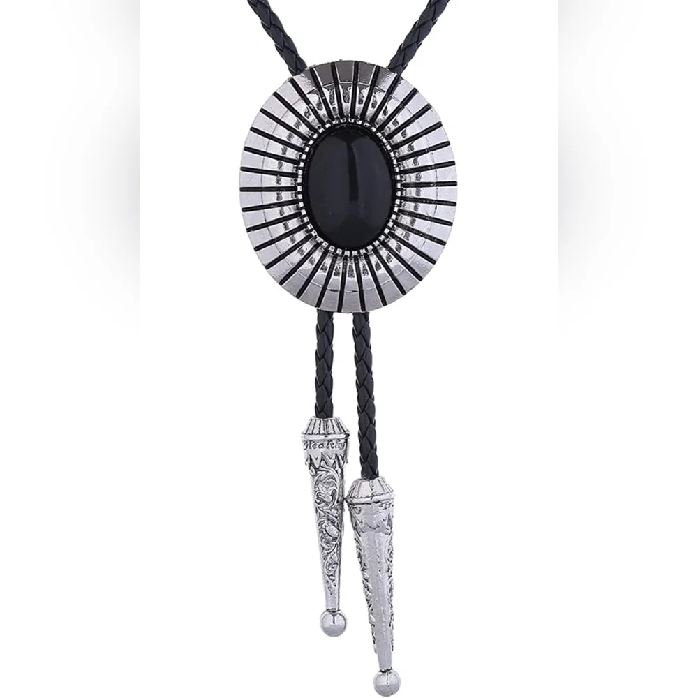 New silver black leather bolo tie. I have MANY others styles Available